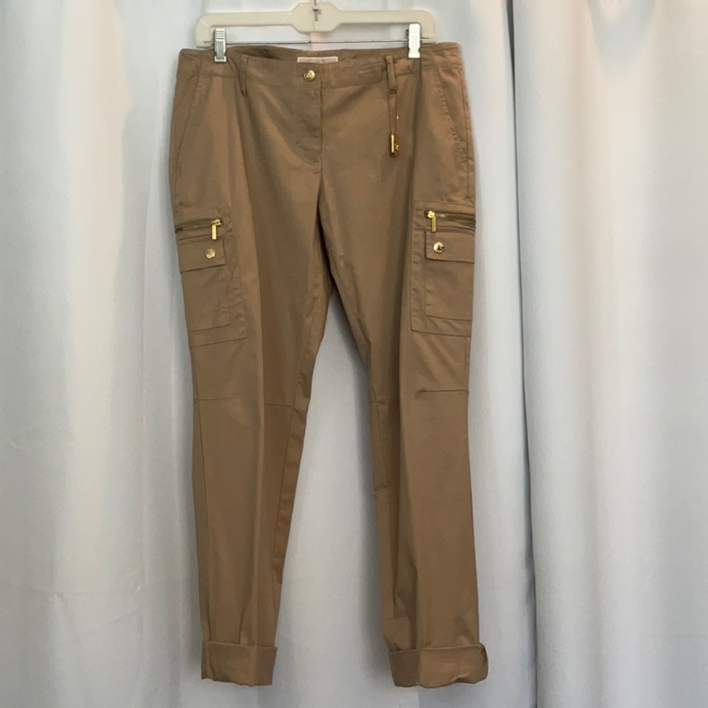 MICHAEL Michael Kors Midrise Tan Khaki Cotton Poplin Cargo Pants Women Size 10